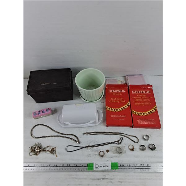 Ceramic Planter, Butter Dish, UltraSoft Gold Jewelry Polishing Cloth, Necklaces, Rings, Misc