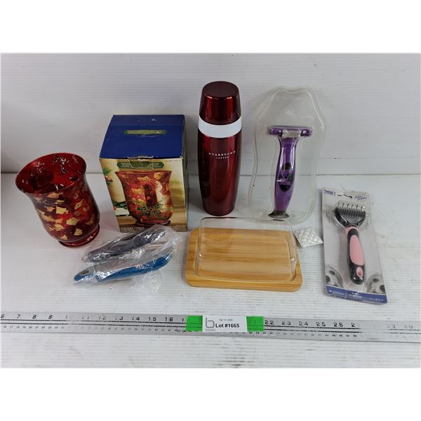 Painted Glass Candle Holder, Starbucks Thermos, Butter Dish, Pet Brush & Nail Clipper, Misc