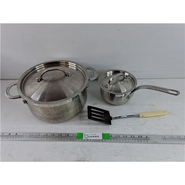 (2) Logistina Stock Pots w/Lids 10" & 6", Spatula