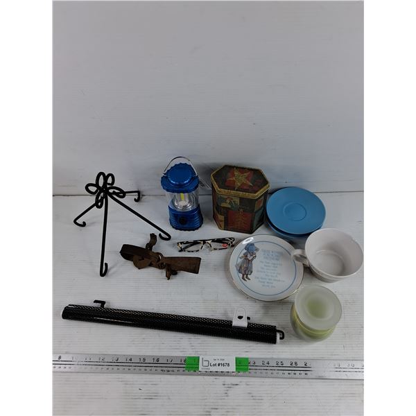 LED Lantern, Ceramic Cup, Animal Trap, +2.50 Reading Glasses, Candle, Saucers, Misc