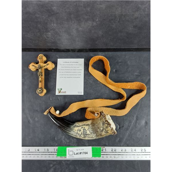 Olive Wood Handcrafted Crucifix - Made In Bethlehem, The Holy Land, Decorative Horn