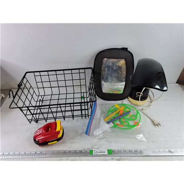 OffLite Table Lamp - Powers On, As Is, Wide Angle Mirror,  Bubble Maker, Wire Basket, Misc