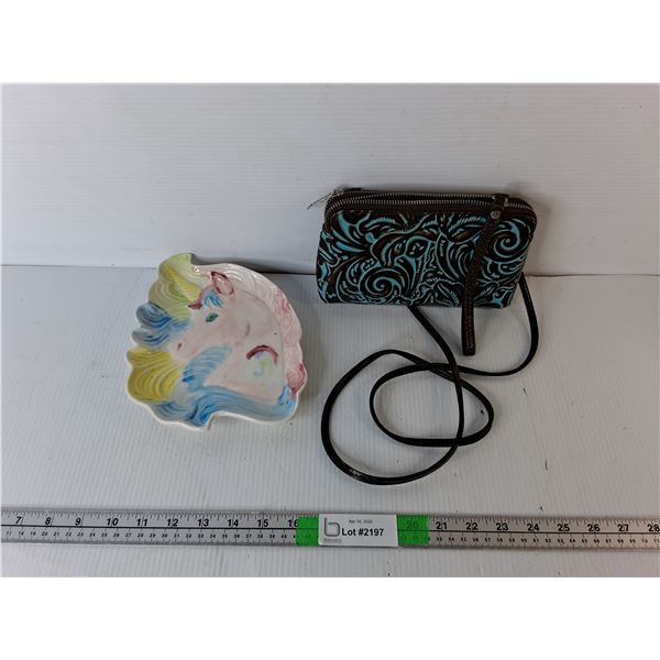 Ceramic Unicorn Tray 9" x 7" & Purse- One Stuck Zipper