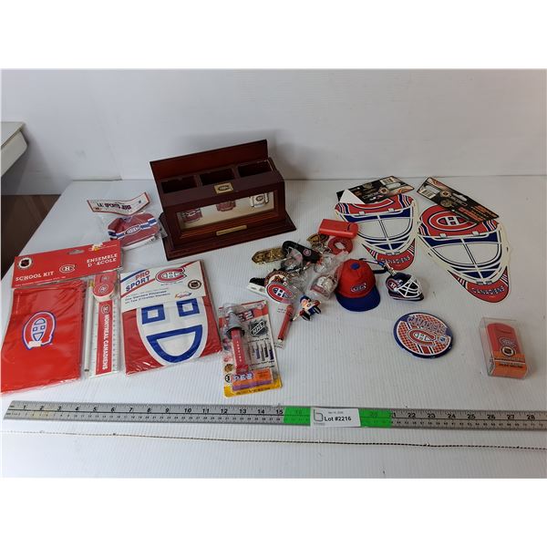 Montreal Canadiens Memorabilia- Keyrings, Pillowcase, Display Case, Misc.