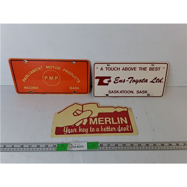 (3) Promotional License Plates- Ens-Toyota, Parliament Motor Products, Merlin