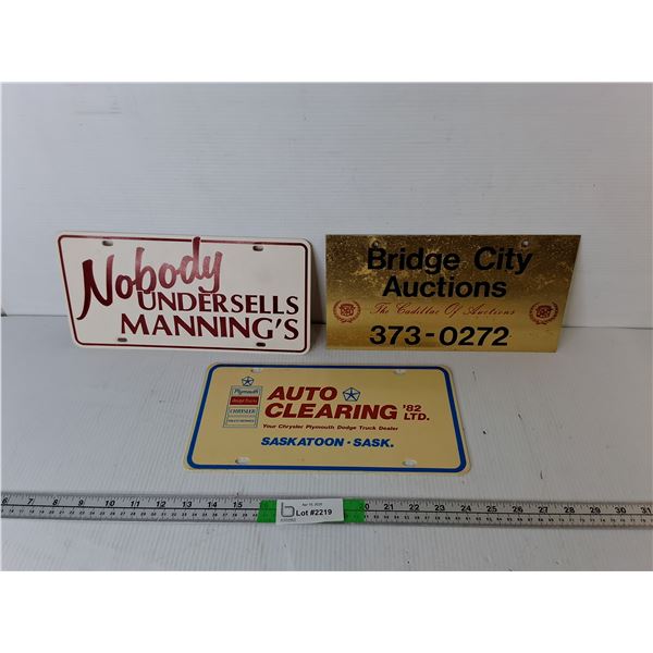(3) Promotional License Plates- Bridge City Auctions, Auto Clearing, Manning's