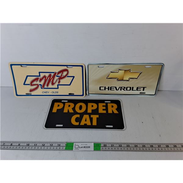 (3) Promotional License Plates- Chevrolet, SMP, Proper Cat