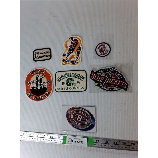 (6) Clothing Patches- Harley Davidson, Saskatchewan Roughriders, Misc. & Montreal Canadiens Sticker