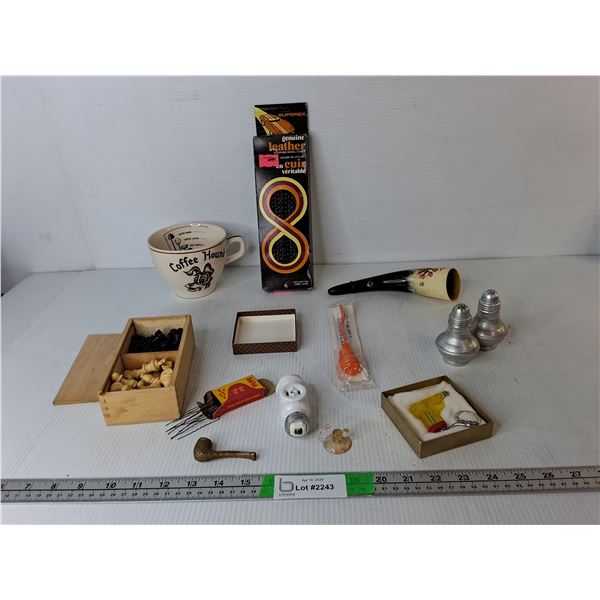 Leather Steering Wheel Cover, Wooden Chess Pieces, A & W Toothbrush- Sealed, Misc.