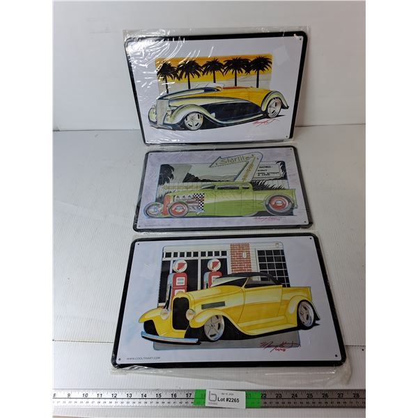 (3) Vintage Car Art Metal Signs  16.5" x 11"