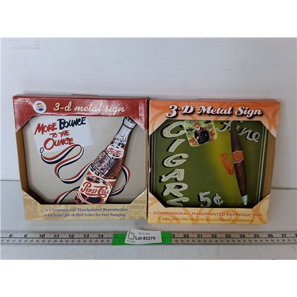 3D Cigar & Pepsi-Cola Metal Signs, NIB