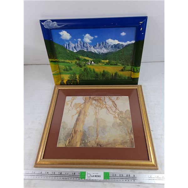 (2) Wood Framed Wall Art Prints 18" x 16", 18" x 13"