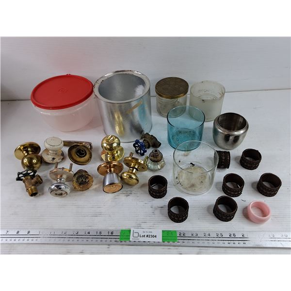 Napkin Rings, Door Knobs, Tupperware Bowl w/Lid, Valve, Misc
