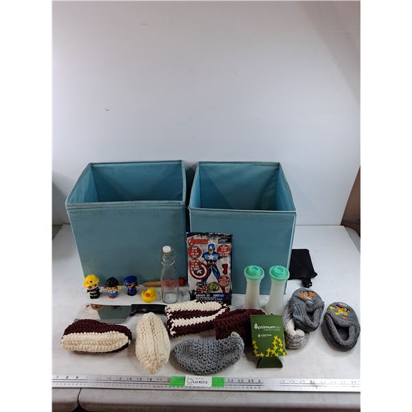 (2) Laundry Hampers, Tupperware Salt & Pepper Shakers, Butchers Knife, Avengers Assembly Model, Misc
