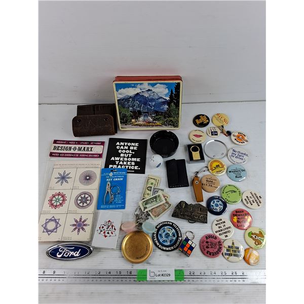 Assorted Lapel Pins, Belt Buckle, Key Chains, Design o Marx, Shoe Brushes, Misc