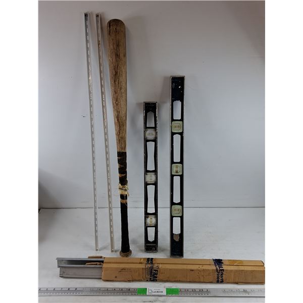 (2) Levels, Metal Brackets, Wooden Baseball Bat- PICK UP ONLY