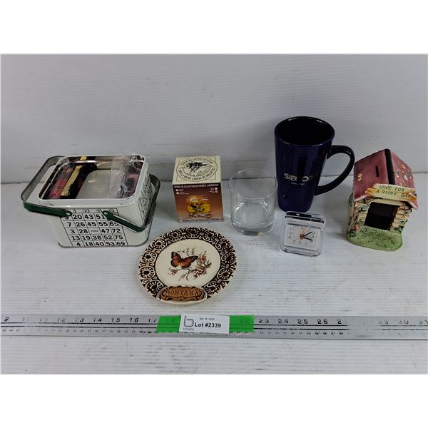 Whisky Glass, Quartz Table Clock, Save For a Rainy Day Coin Bank, Siecor Mug, Misc Tins