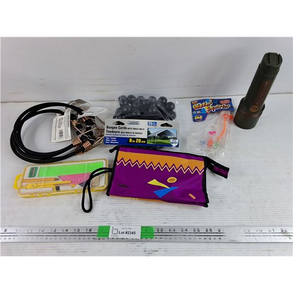 Bungee Cords, Math Set, Water Squirter, Buffalo Bag, Flashlight