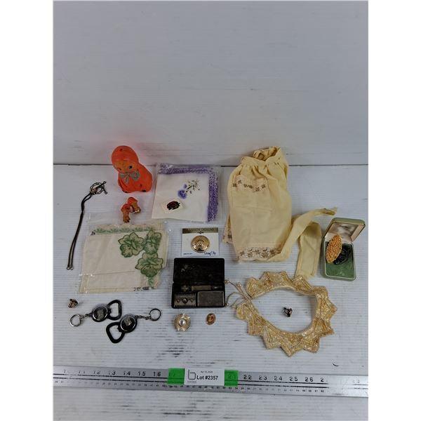 Vintage Plastic Doll, Child's Apron, Collar, Bottle Openers, Shaving Razor Kit, Necklace, Misc