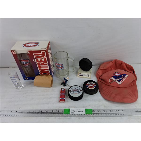 Montreal Canadiens Glasses, Mug, Lighter, Ball Cap, Hockey Pucks & Figure
