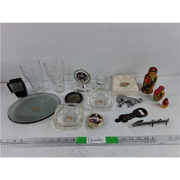 Royalite Ash Trays, Stacking Dolls, Coca Cola Glasses, Breaker 19 Perfume, O'Keefe Bottle Opener