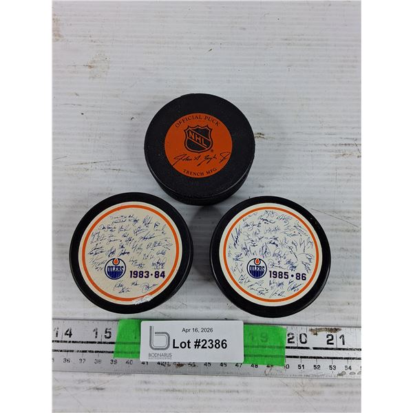 (3)  Vintage Hockey Pucks - 1980s Oilers & NHL