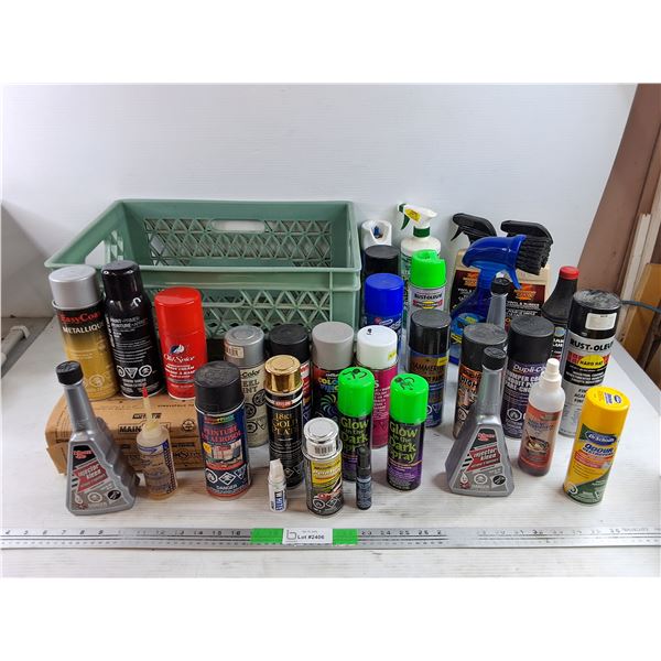 Plastic Crate, Assorted Spray Paint, DOT 3 Brake Fluid, Injector Kleen, Oilers, Misc -CANNOT SHIP