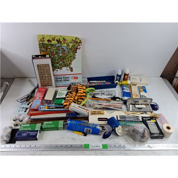 Assorted Office Supplies, State Farm Road Atlas, Mad Maiden Matches, Stamp Pad Inker, Misc