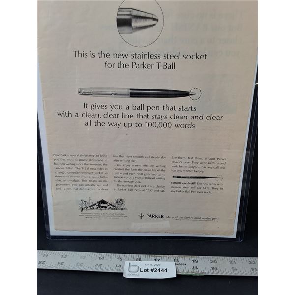 Parker Ball Point Pen - 1964 Advertisement In Protective Sleeve. Size 10 1/2"×13 1/2"