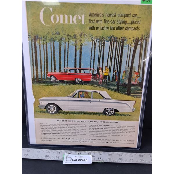 FORD/LINCOLN Comet Vintage Advertisement in Protective Sleeve, Size 10 1/4"×13"
