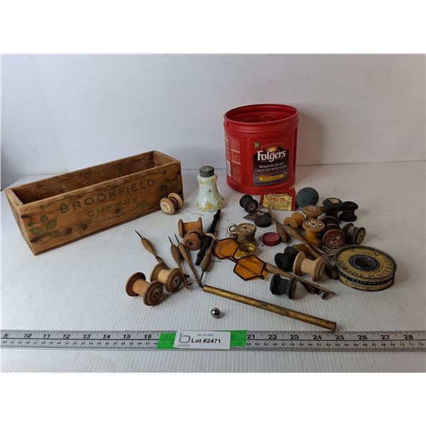 Vintage Sewing Supplies, Glass Salt Shaker & Broofield Cheese Wooden Container 12" x 4" x 4"