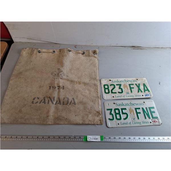 Vintage Canada Post Mailbag 21" x 21" & (2) Saskatchewan License Plates