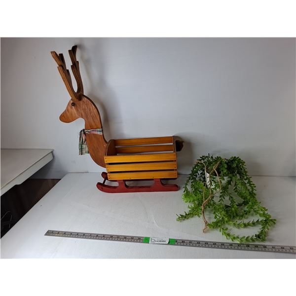 Decorative Reindeer Sled 19" Long x 24.75" Tall & Artificial Plant- PICK UP ONLY