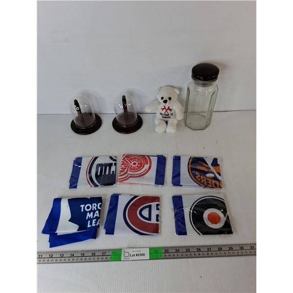 NHL Stanley Cup Flags 16.25" x 10.25", Welcome to Canada Bear, Display Bases