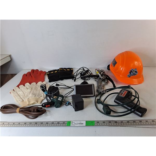 Adjustable Hard Hat, (3) Pairs of Work Gloves- Approx. L, Garmin Nuvi GPS-As Is, Misc.