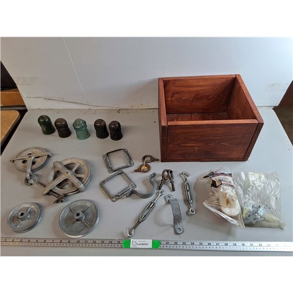 Glass Insulators, Wooden Box 13.5" x 12" x 8", Vintage Aluminum Clothesline Pulleys, Misc.