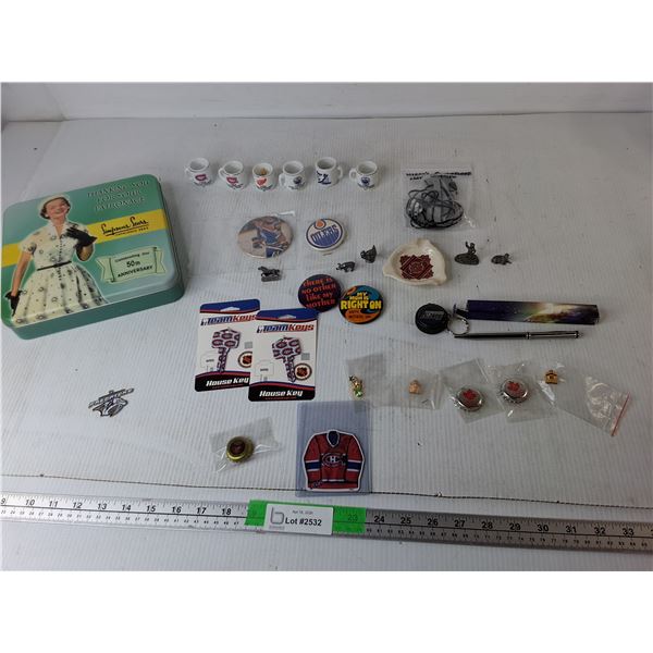 Vintage Simpsons-Sears Tin, Miniature NHL Mugs, Pins, Misc.