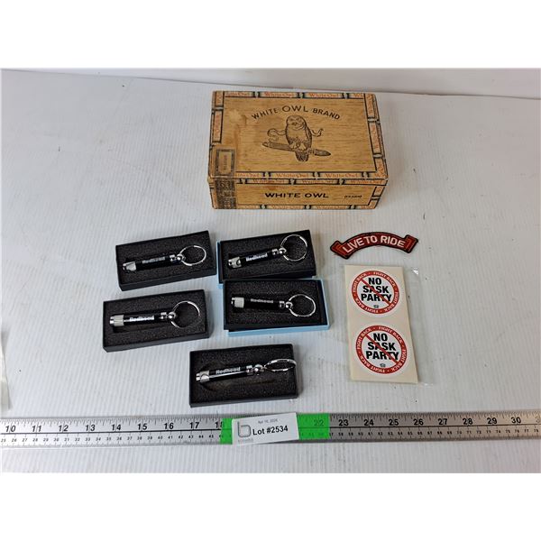 White Owl Brand Cigar Box, Redhead Equipment Keychains, Live to Ride Clothing Patch, Misc.