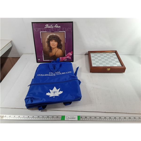 Glass Chess  Checkers Set, Canada Collegiate Tours Backpack, Autographed Sheila Ann Photo- Cannot Au