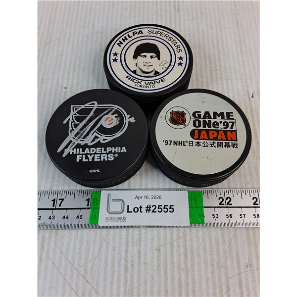 (3) NHL Souvenir Pucks-unknown autograph