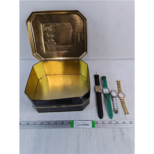 (4) Watches-(2) are working,others may need batteries and Liqueur Tin