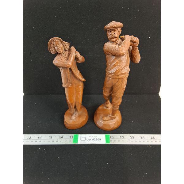 (2) Golf Sculptures made from Crushed Pecan Resin-missing golf clubs