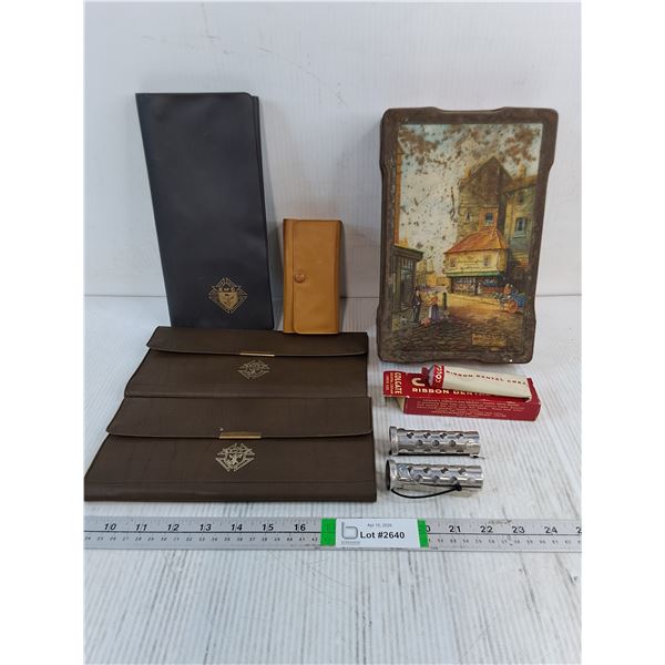 (3) K of C Travel/Map Holders,Tortoiseshell Brush,Dental Cream with Box,Vintage Tin,(2) Hair Curlers