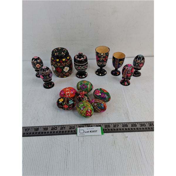 Assorted Wooden Easter Eggs & Egg Cups