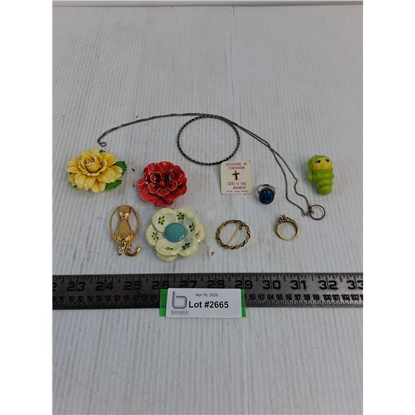 Assorted Vintage Brooches & Jewelry, Miniature Glow Worm Toy