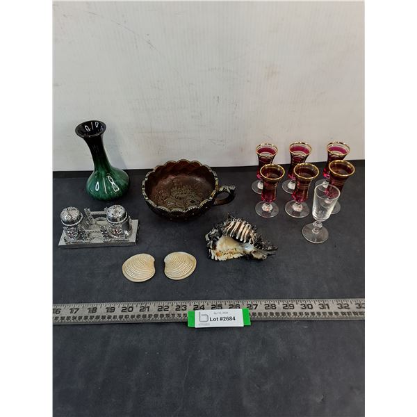 Vintage Liquer Glasses, Carnival Glass Candy Dish, London Souvenier Shakers, Vase, Shells