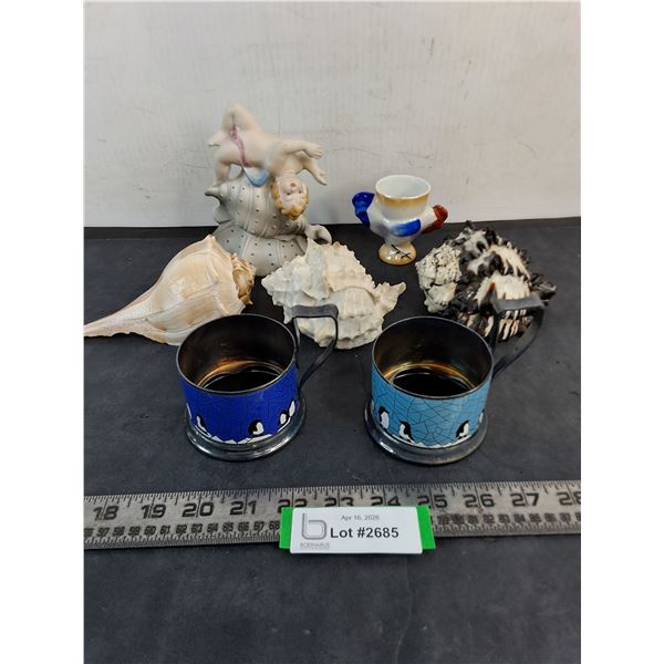 Vintage USSR Tea Glass Holders, Seashells, Porcelain Angel, Egg Cup