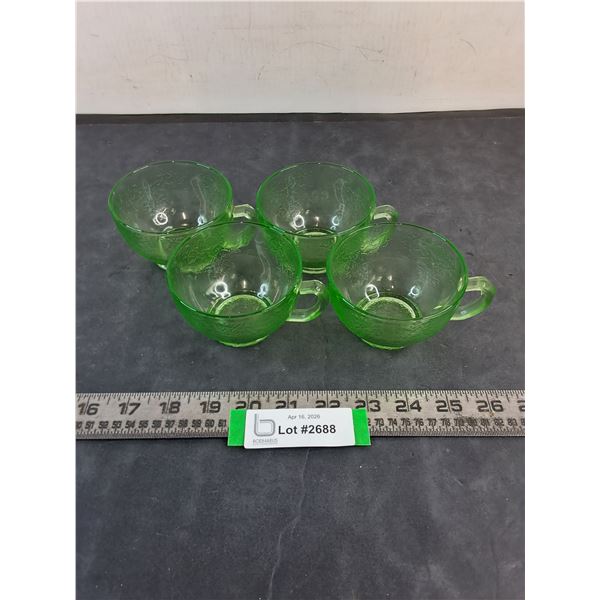 Set of 4 Uranium 'Poppy Green' Depression Glass Teacups
