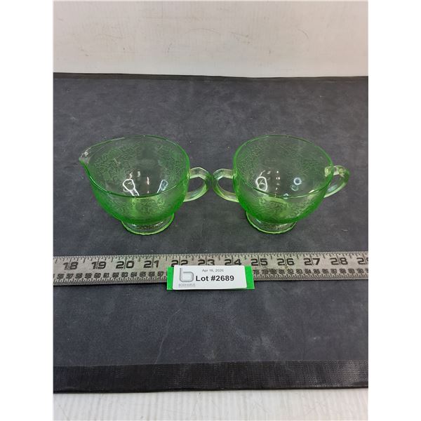 Vintage Uranium 'Poppy Green' Depression Glass Cream & Sugar Bowls