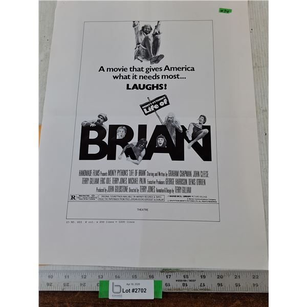 * "Monty Pythons Life Of Brian" 1979 Movie Add Slick Orion Pictures.